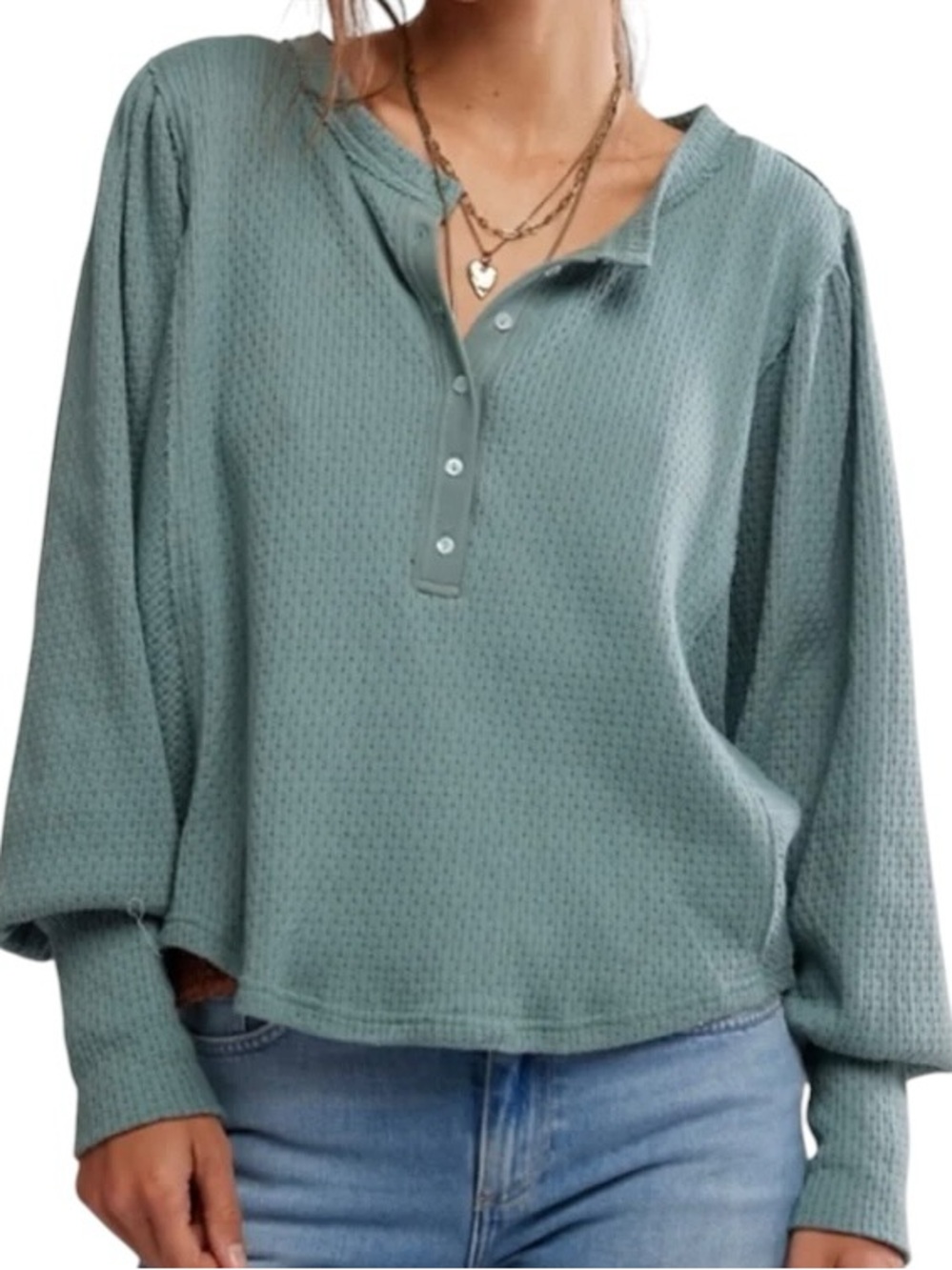 Free People Quinn Knit Thermal Henley Balloon Sleeve Top Jade Ash Sage M NWT
